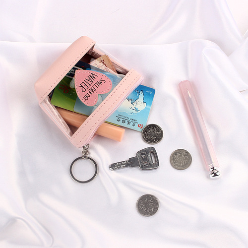 Pink girly heart transparent love jelly coin purse ins Korean version square data cable earphones waterproof storage bag