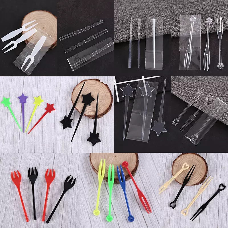 500个一次性塑料叉子水果叉带包装黑色水果签试吃咖啡色果叉6cm