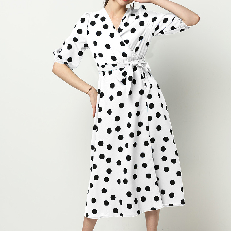 polka dot printing chiffon V-neck long sleeve dress NSGE35065