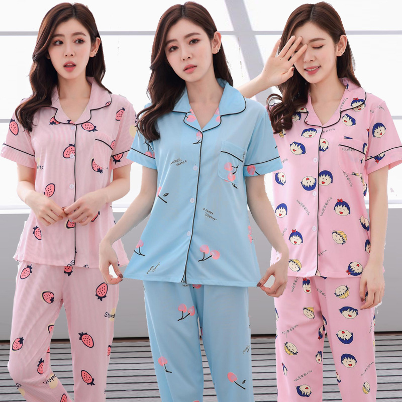 廠家直銷卡通睡衣 女士夏季短袖長褲開衫家居服 可愛休閑睡衣批發