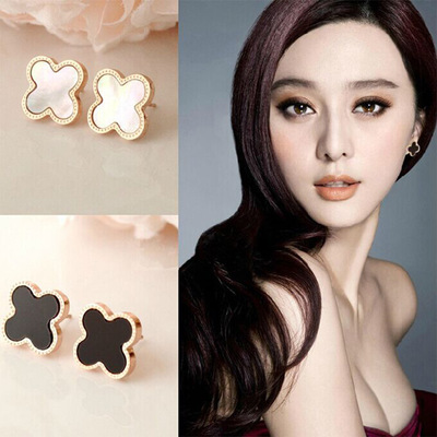 批发 明星同款 黑白彩贝贝壳四叶草耳钉彩金玫瑰金钛钢海贝耳饰