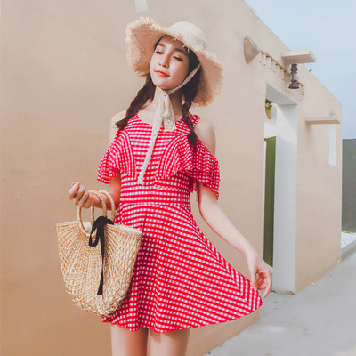 日系泳衣 新款可愛清新格子少女連體裙式保守修身遊泳衣 廠家直