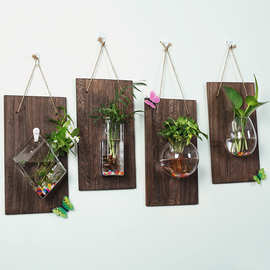 实木创意家居墙上悬挂式墙面背景装饰水培植物壁挂绿萝玻璃小花瓶