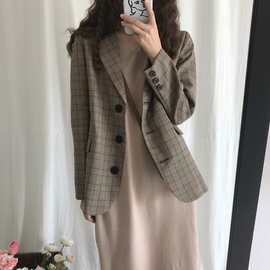 2019新款春装韩版英伦风格子长袖外套女气质百搭休闲网红小西装潮