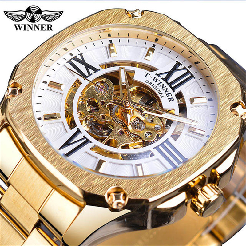 WINNER correa de acero casual para hombres reloj mecánico automático cuadrado hueco transparente inferior moda reloj mecánico Oro