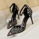 3262-2 European and American Sexy High-heeled Shoes Women's Fine-heeled High-heeled Shoe with Shallow Point Hollow Metal Rivets