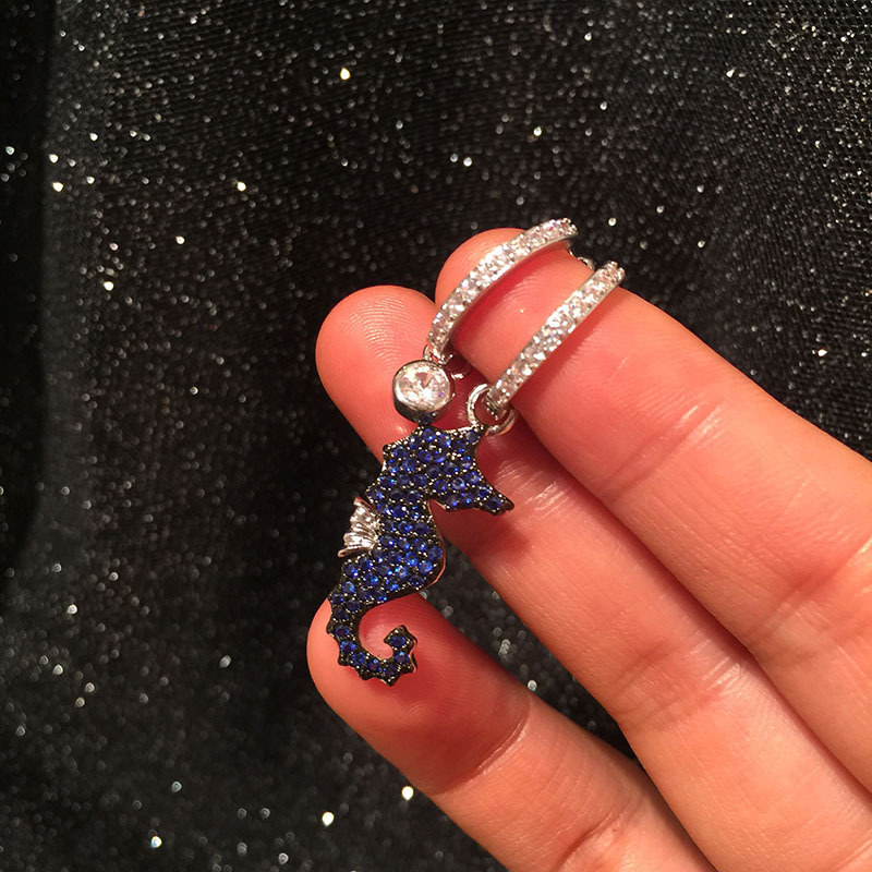 Fashion Asymmetric Blue Seahorse Earrings Micro-set Zircon Cute Beach Earrings display picture 1