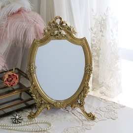 装饰镜欧式梳妆台梳妆镜复古金雕花桌面化妆镜子装饰镜台镜摆件