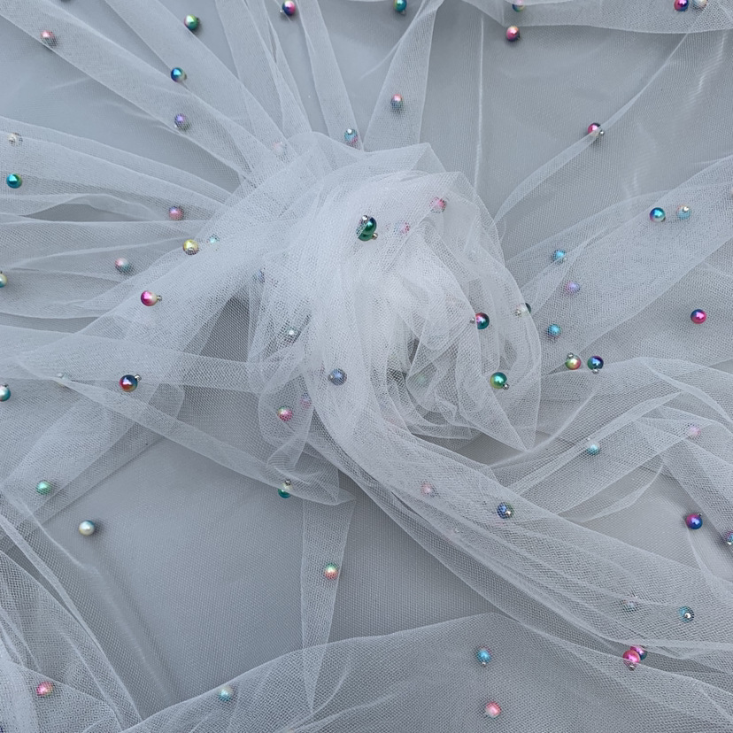 Malla de estilo elegante post-procesamiento de tela con cuentas tridimensionales tela de Hanfu de malla de perlas de colores tridimensionales para mujer