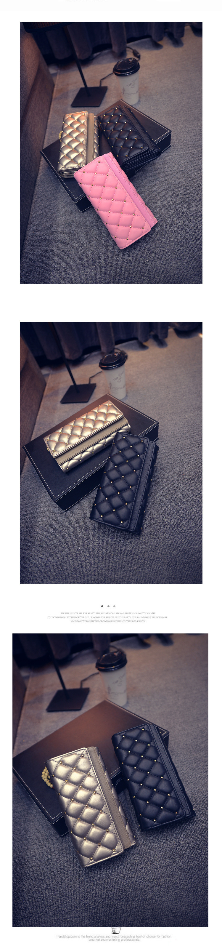 195g Weight Polyester Lining Material Magnetic Buckle Closure Type Pu Leather Material Solid Color Pattern Women'S Gender Fashion Style Square Shape Pink, Champagne, Black Color Korean  Diamond Tri-fold Large-capacity Wallet Wholesale 11