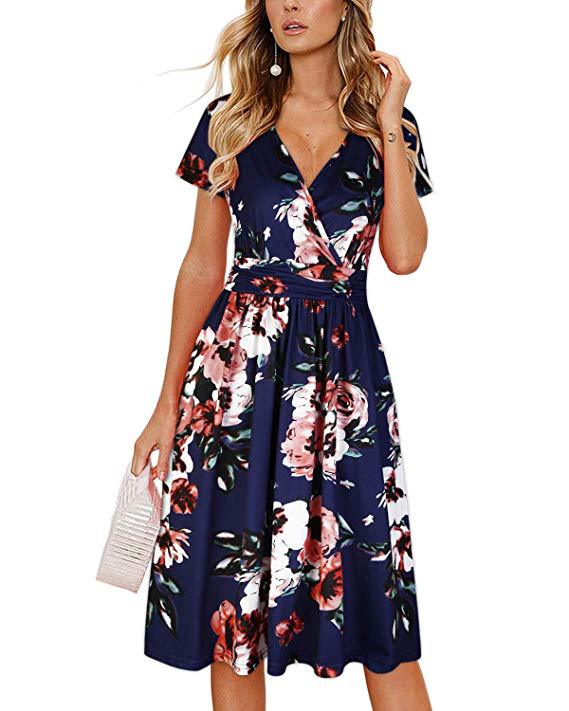 2019 Amazon Hot Sale Women's Clothing Printed Cross V Tie Pocket Short Sleeve Dress In Large Spot