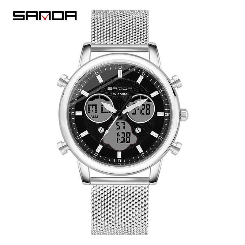 SANDA P803 impermeable multifuncional reloj deportivo al aire libre reloj electrónico de cuarzo de doble movimiento para hombres