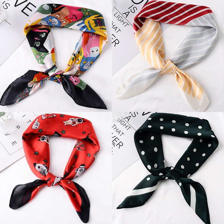 创意新款印花卡通图案小方巾经典圆点装饰小丝巾拼色职业领巾围巾|ms