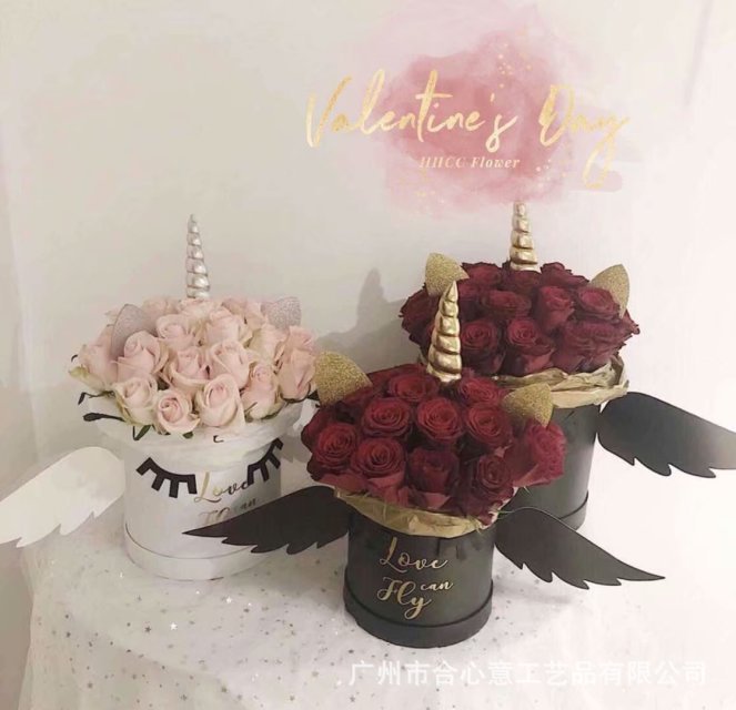 合心意 天使翅膀抱抱桶 圆桶鲜花礼盒三件套 花束圆柱花桶包装盒