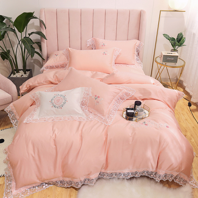 春夏新品粉色蕾丝花边全棉四件套批发贡缎纯棉被套公主风床上用品|ru