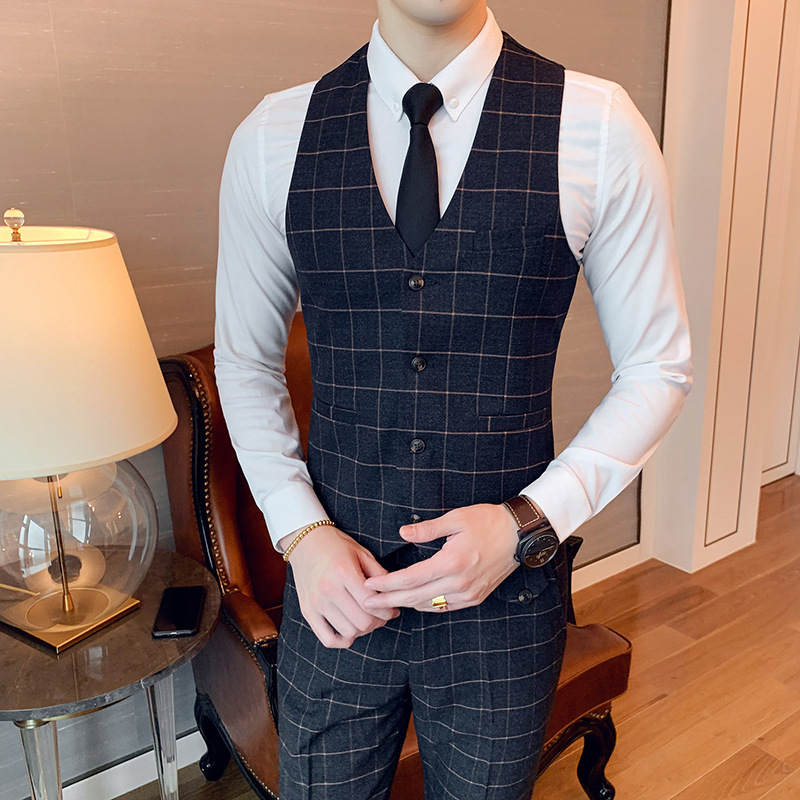 man suit Vest Self cultivation England grid blue Vest business affairs leisure time Youth fashion vest waistcoat Four seasons