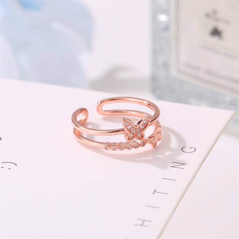 New Ring Double Butterfly Ring Ladies Popular Rose Gold Diamond Opening Adjustable Ring Wholesale Nihaojewelry display picture 5