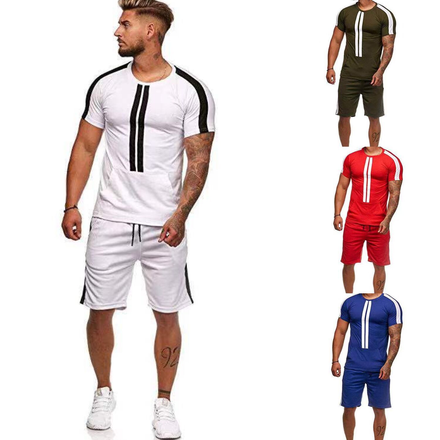 Summer new men's thin short sleeve sports suit outdoor sports fitness casual color contrast short sleeve T-shirt shorts