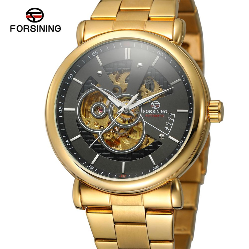 Forsining Fusini cinturón de acero casual reloj mecánico automático transparente hueco impermeable reloj 726