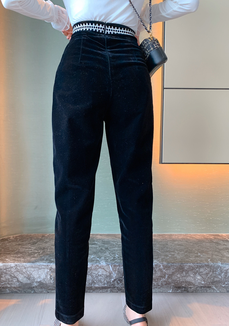 Quần nhung nữ cạp cao họa tiết thêu ống skinny — Màu đen chi tiết 18