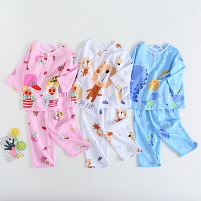 2019 Spring and summer children TSUMUGI pajamas Long-sleeved suit Man-made Cotton silk men and women Tongbaobao Home Furnishings Thin section