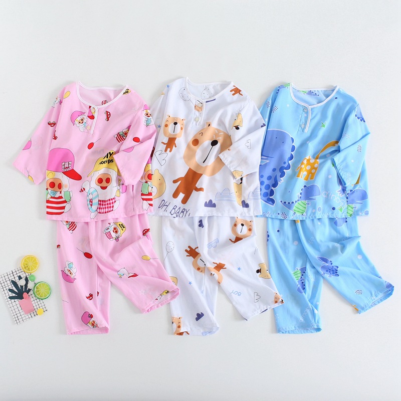2019 Spring and summer children TSUMUGI pajamas Long-sleeved suit Man-made Cotton silk men and women Tongbaobao Home Furnishings Thin section