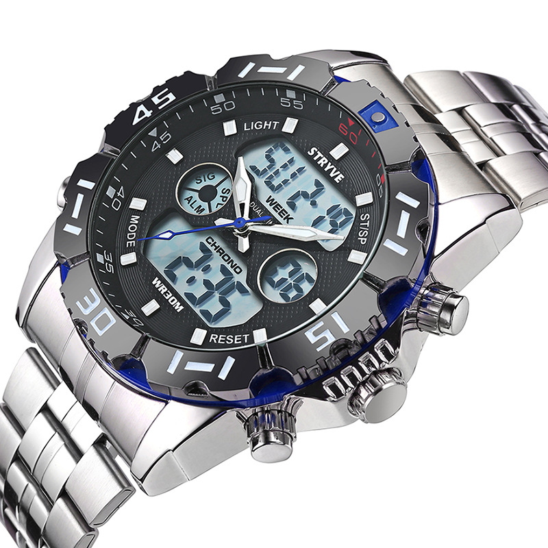 Stryve moda hombres de doble movimiento impermeable reloj de cuarzo electrónico estudiante sincronización alarma reloj de pulsera de acero inoxidable