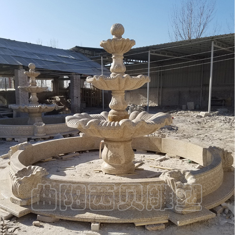 定制黄锈石喷泉 花岗岩石材 工厂直销室外大型三层简约石雕喷泉
