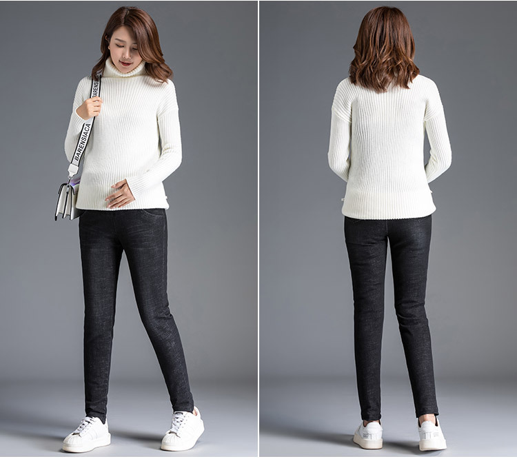Quần jean nữ ống rộng co giãn lông vũ trắng giữ ấm cho bà bầu — Xanh lam đậm chi tiết 13