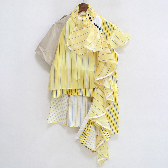 layers asymmetry lotus leaf edge ribbon collar striped shirt 