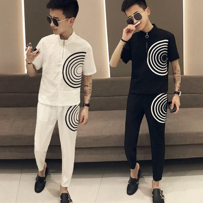 Summer new man Short sleeved Ninth pants suit leisure time Trend fashion Two piece set Teenagers Versatile