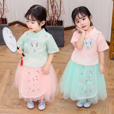girl 2019 summer new pattern ancient costume Hanfu Chinese style suit Ultra cents Short sleeved Jinsuo Hanfu Two piece set