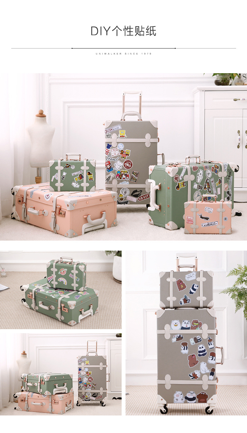Vali kéo vintage da màu xanh lá cây 20 inch bánh xe xoay 360 độ, kèm hộp quà tặng — trà xanh matcha chi tiết 20