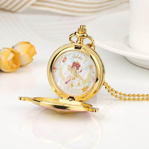 New Pocket Watch Wholesale Sailor Moon Wings Pocket Watch Variety Sakura Necklace Anime Pocket Watch Flip Quartz Watch