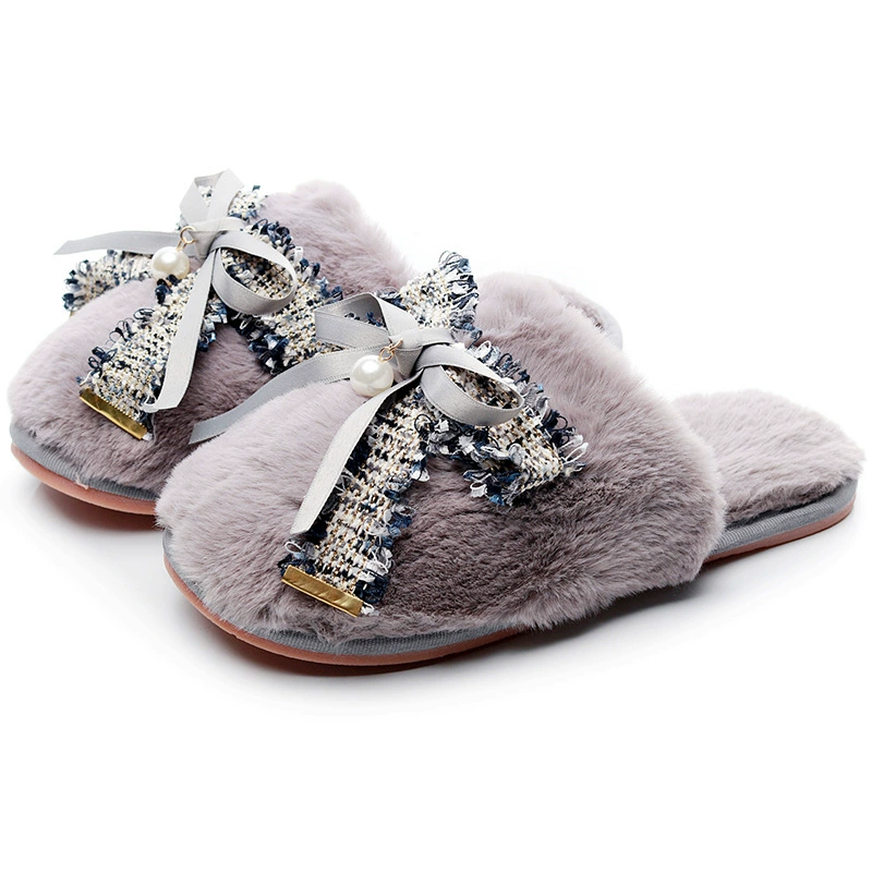 Желаю горячей продажи милые хлопковые тапочки в стиле Шанель с бантом осенне-зимние домашние европейские и американские новые домашние туфли