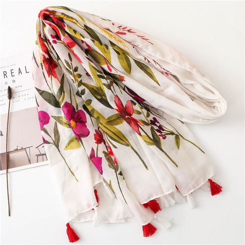 Foreign trade export original order retro floral cotton and linen tassel scarf enlarged silk scarf shawl women's ethnic style Japanese style beach