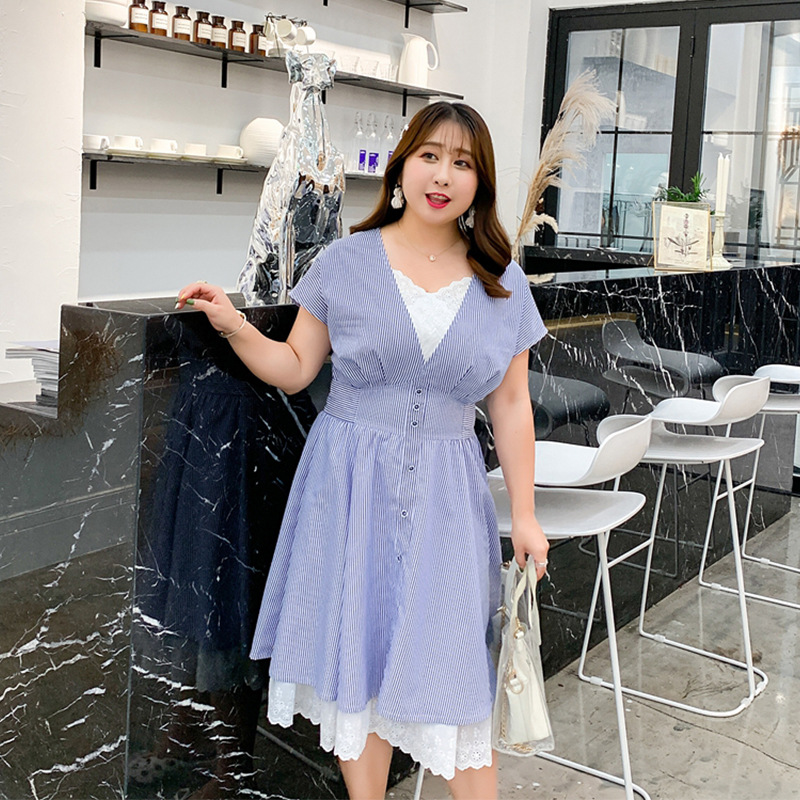 2019 Summer fat MM stripe Korean Edition Large Dress Sweet wind Add fertilizer enlarge Large Women's wear k728