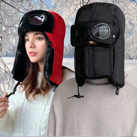 跨境冬款雷锋帽女户外加绒加厚骑车防风保暖帽子男滑雪护目套头帽