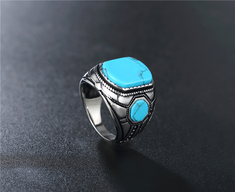 Solid Color Pattern Men's Gender Retro Solid Color Stainless Steel Inlay Turquoise Men's Rings