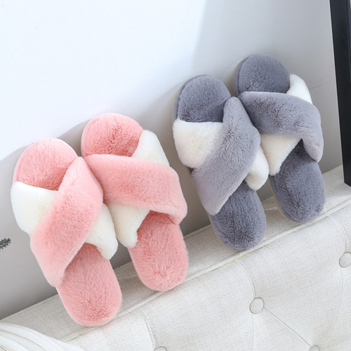 Cixi Younuo Shoes New Furry Cross Strip Contrast Color Floor Slippers Spring and Autumn Warm Fashion Simple Home Slippers