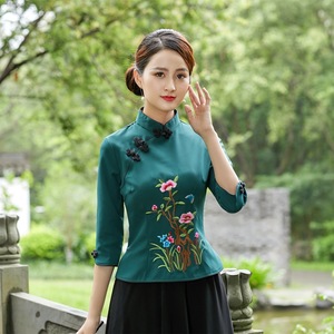 Floral Chinese dress tops retro cheongsam blouses for female Chinese embroidery color wind cheongsam tops chinese dress shirts for girls