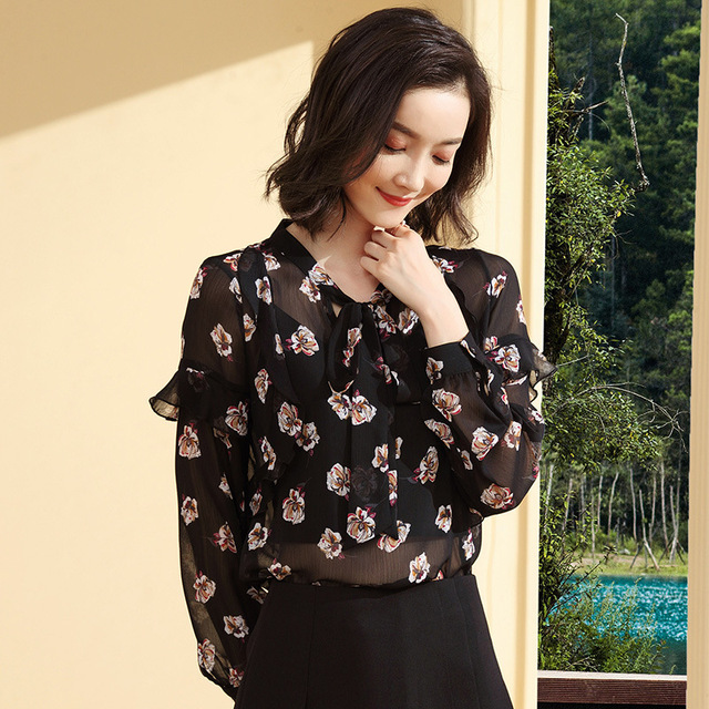 Bow printed chiffon blouse women’s Korean version floral mix and match loose