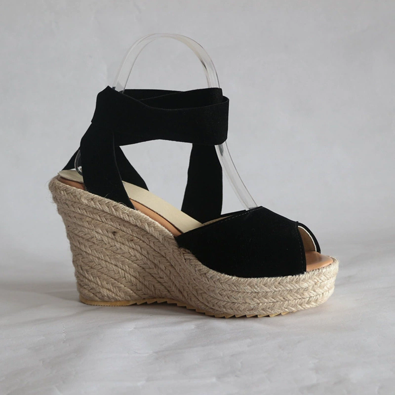 Сандалии наankle-strap из соломы на танкетке, верх PU, каблук 10 см, размеры EU 34–43, плюс-сайз