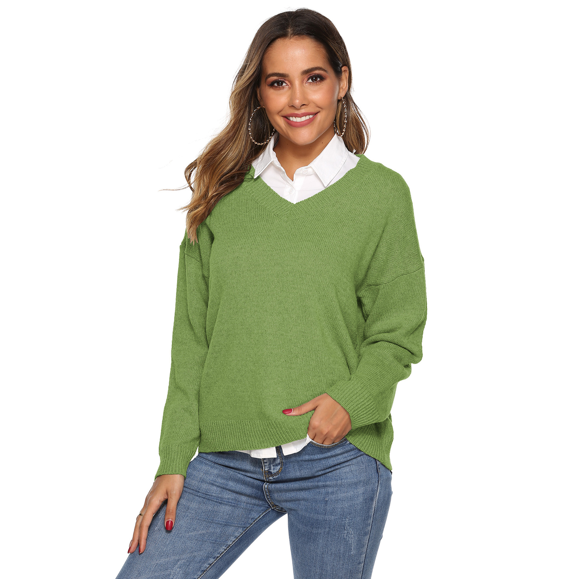 solid color simple woven V-neck pullover  NSOY45997