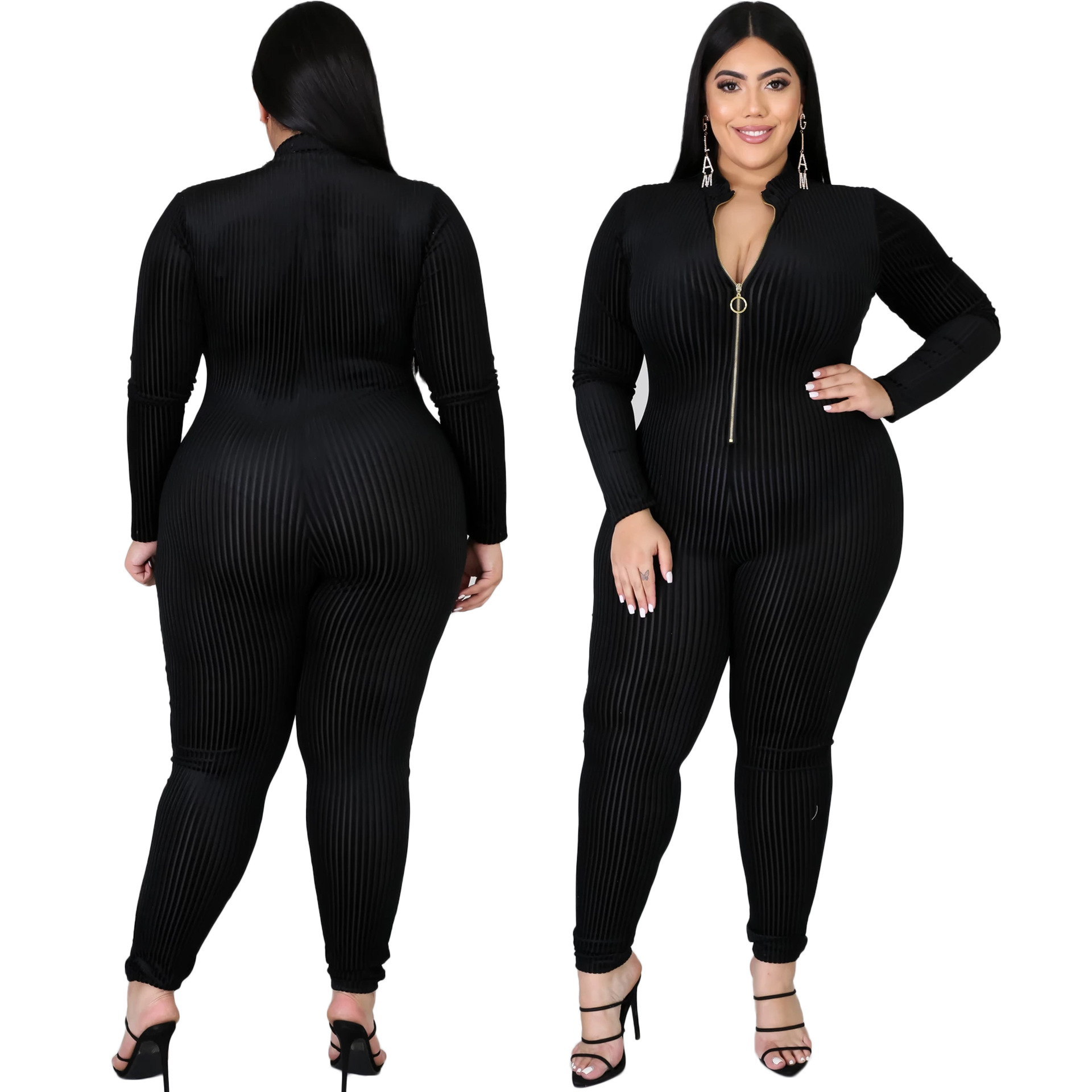 Plus Size Women Long Sleeves Zipper Solid Color Velvet Bodycon Jumpsuit