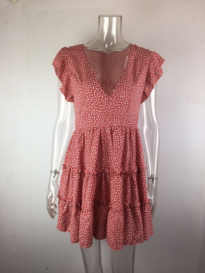 summer sexy deep V pleated waist polka dot dress NSYD6038