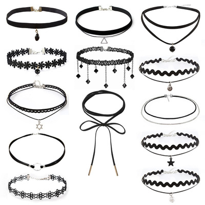 欧美choker项饰复古丝绒锁骨链项链女项圈黑色双层蕾丝颈链套装|ru