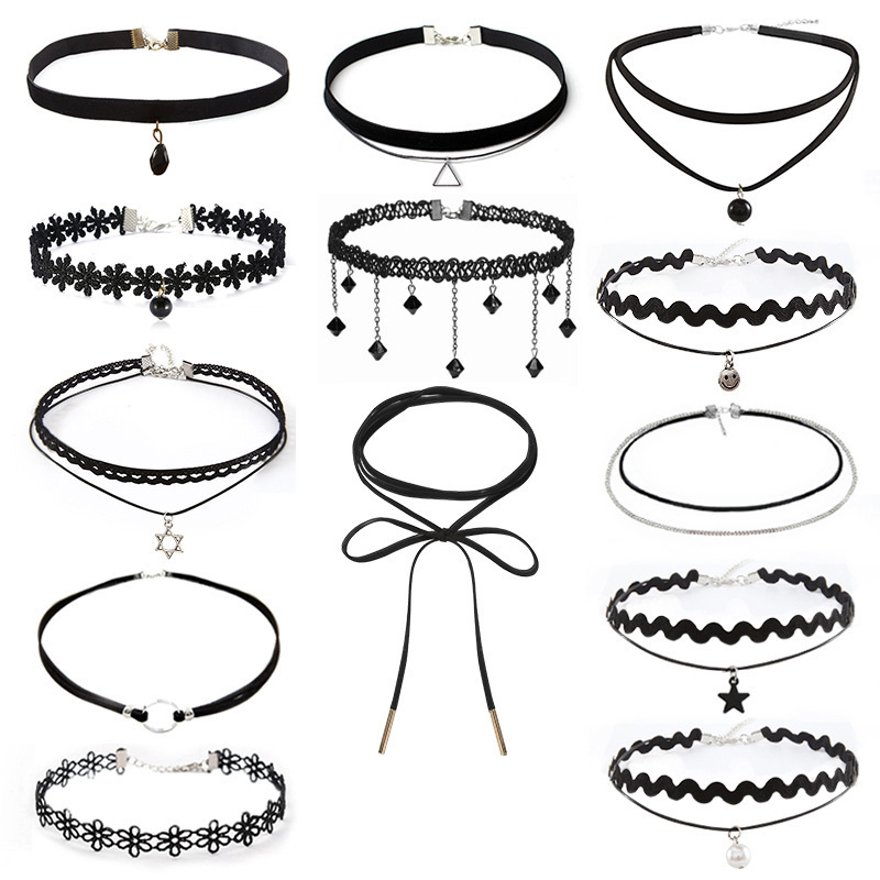 欧美choker项饰复古丝绒锁骨链项链女项圈黑色双层蕾丝颈链套装|ru