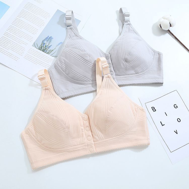 新款螺纹面料前开四扣无钢圈宽松内衣 薄款肩带可调节中老年内衣
