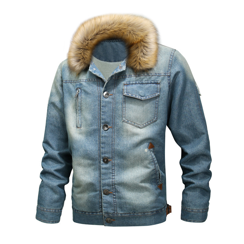 Herrenbekleidung gewaschene Jeansjacke Whitening Plus Flanellkragen Verdickung große Größe_voghion.com